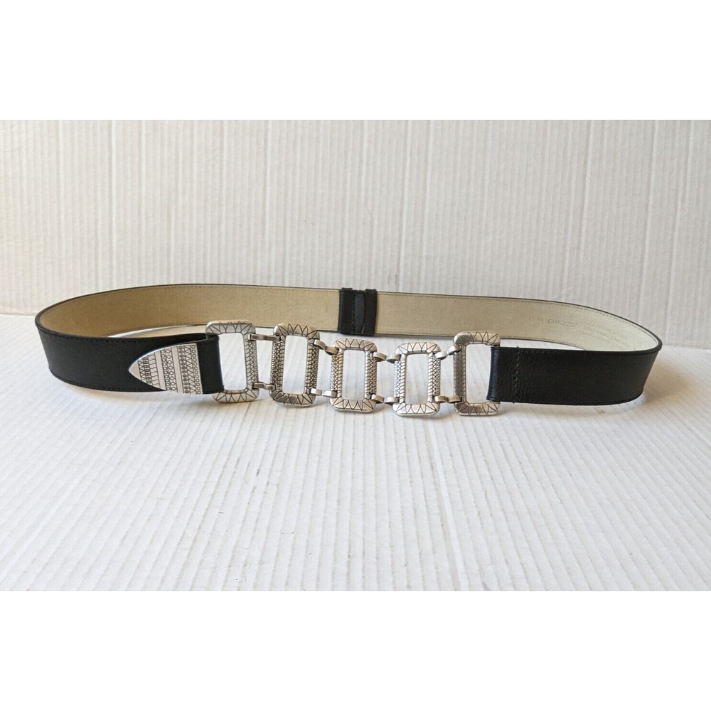 CHICO'S Black Leather Silver Rectangle Metal Adjustable Belt Sz M/L